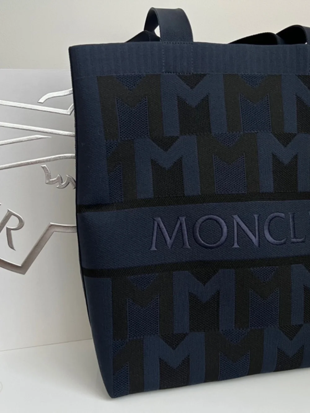 Moncler Bag Unisex Large Tote Navy Blue Knitted Jacquard Shopper Travel $1,500